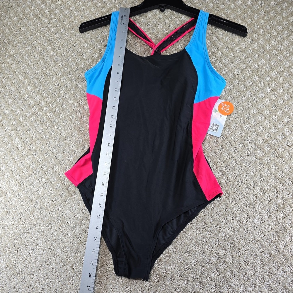 NWT Women's One Piece Swimsuit Medium Black Pink Blue Racerback UPF 50+ - Picture 7 of 9